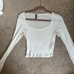 Forever 21 White Ribbed Long Sleeve Top